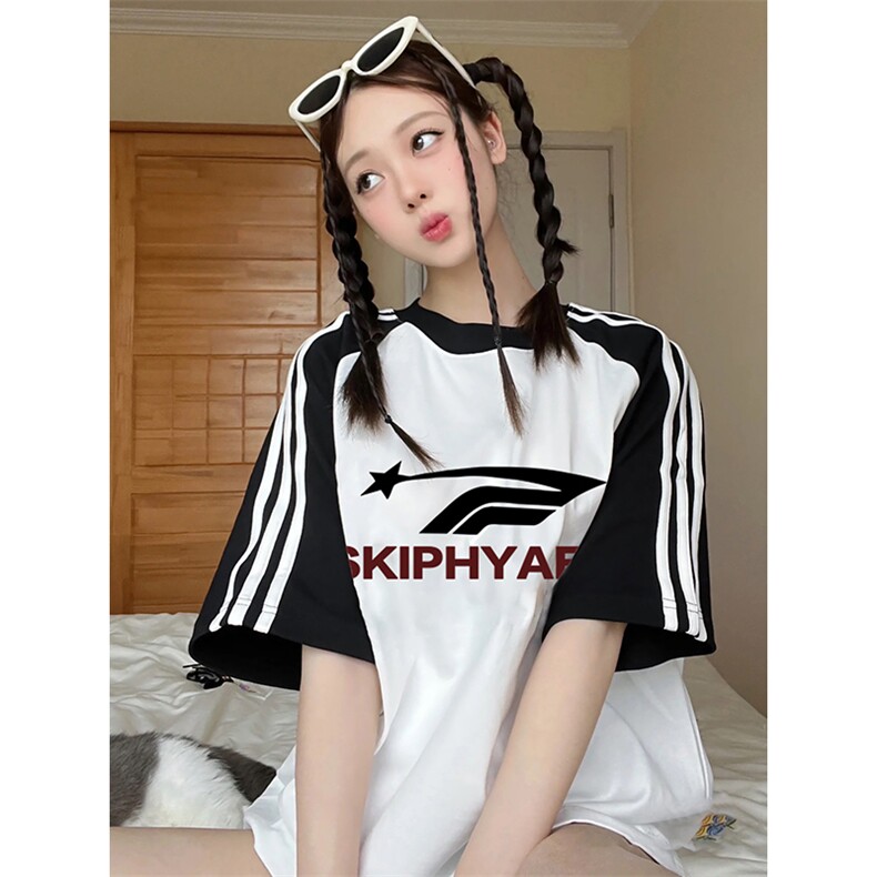 夏季美式高街重磅纯棉三条杠织带插肩撞色男女短袖T恤CZ12-特P25,男装T恤,电商A486