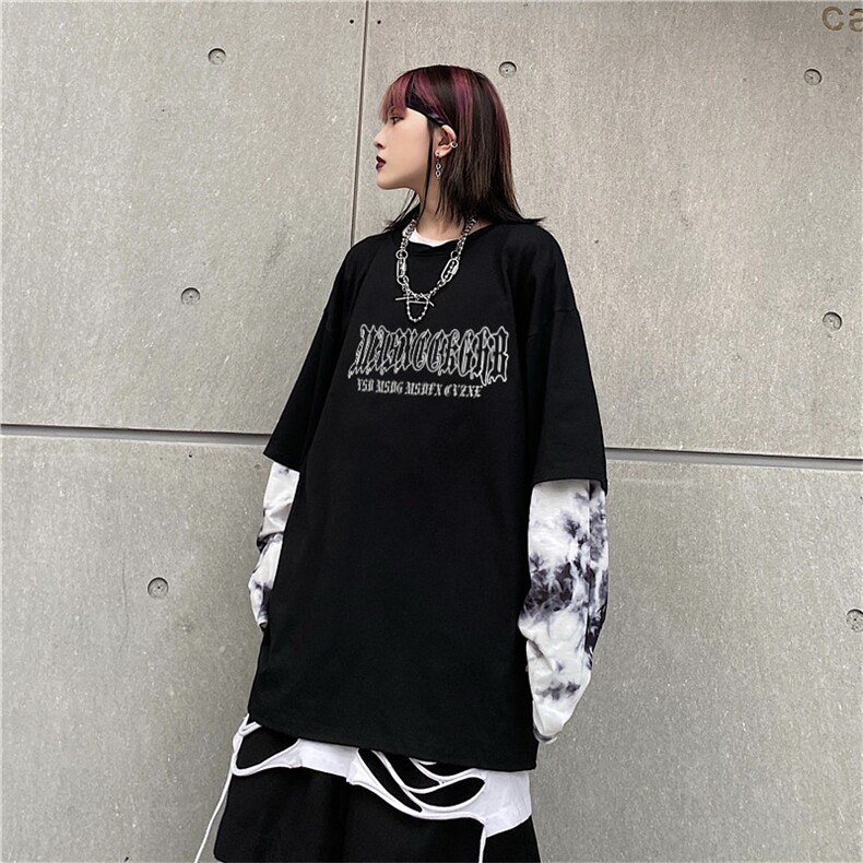 长袖秋款美式街头复古印花设计感个性泼墨扎染假两件上衣E689-P45图片
