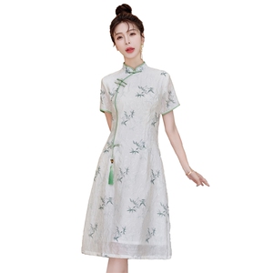 天丝皱印花连衣裙女夏季新款送考长裙修身显瘦改良版奥黛日常旗袍图片