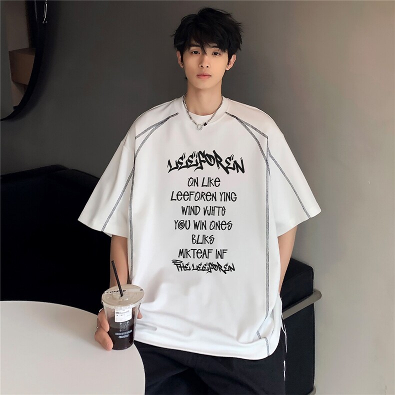 日系明线设计感复古潮牌少年感男女同款百搭学生短袖T恤T368-P38,男装T恤,电商C307