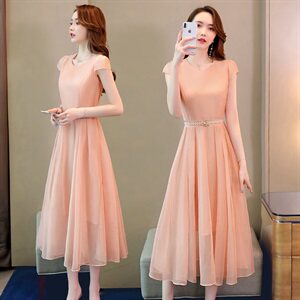 2025年夏季仙气纯色收腰气质修身连衣裙送腰带，女装连衣裙，采品优优