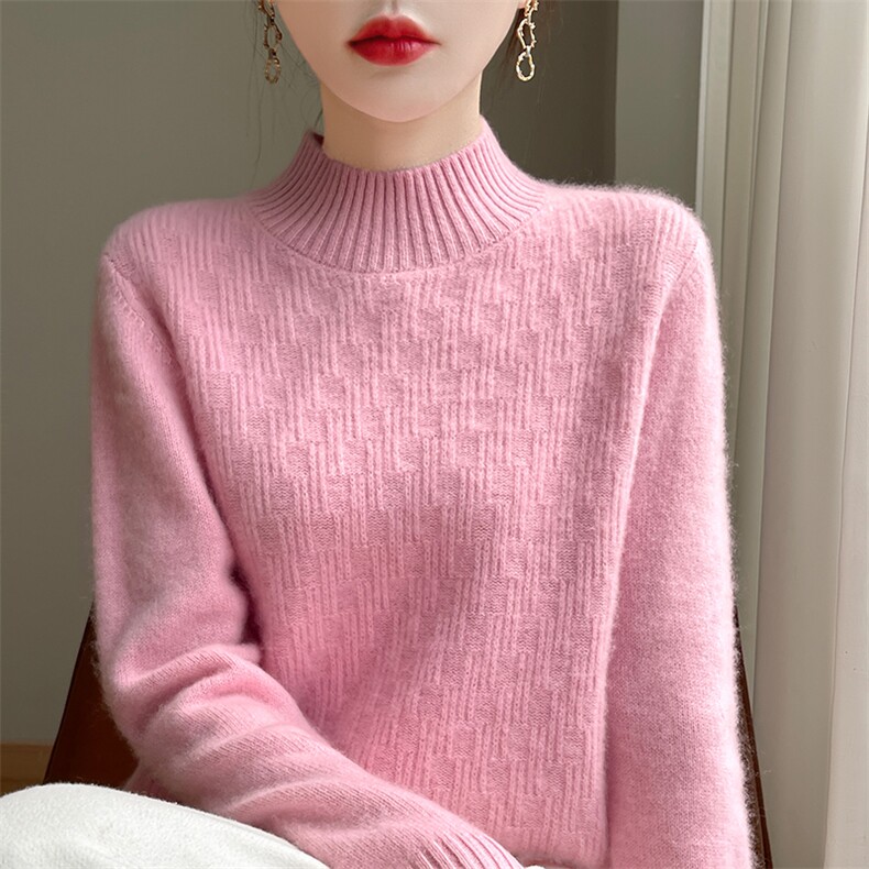 100%纯羊毛衫女一线成衣半高领提花加厚针织毛衣宽松打底羊绒上衣,女装羊毛衫,郡淞羊绒