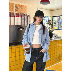 慵懒风蓝色长袖格子衬衫男款美式复古格纹休闲衬衣外套薄款上衣潮，男装衬衫，星座1210-1