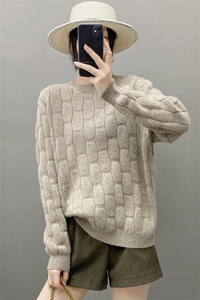 秋冬新款加厚圆领羊毛针织打底衫女宽松麻花珠片套头毛衣羊绒衫图片