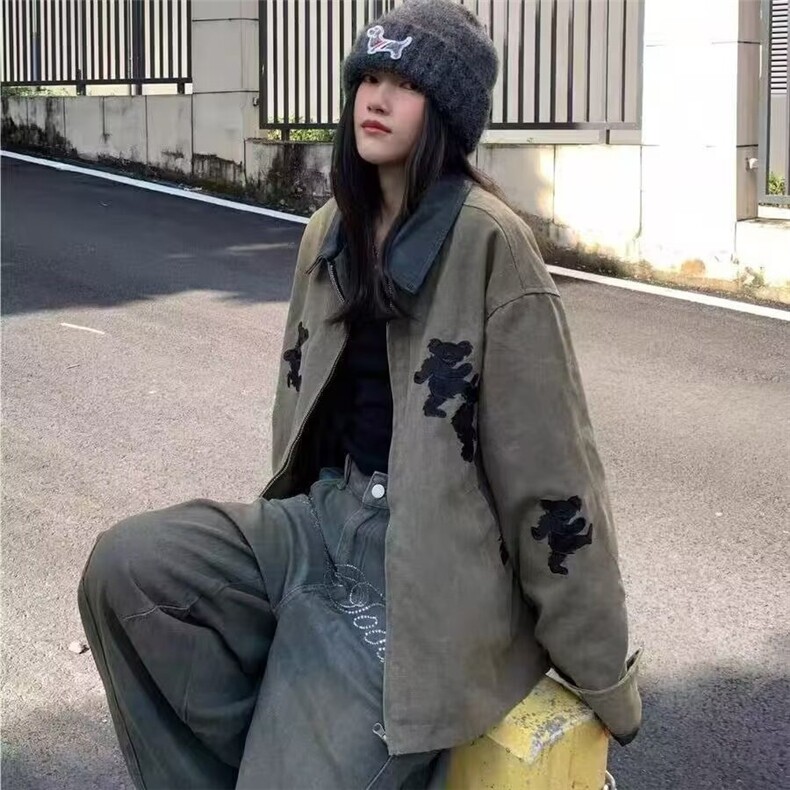 小熊刺绣夹克男女秋冬新款设计感洋气宽松中性风夹克外套JA272,男装夹克,星座516A