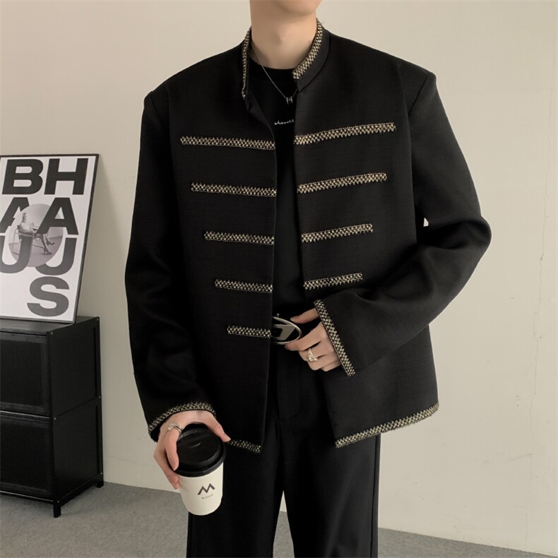 春装2025新中式立领外套男高级感宫廷风男街头痞帅小众垫肩夹克，男装夹克，星座909