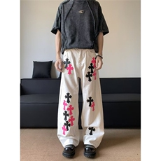 十字架撞色拼皮牛仔裤男女显瘦美式高级感直筒休闲裤AMM7021P66，男装皮裤，星座1013-5