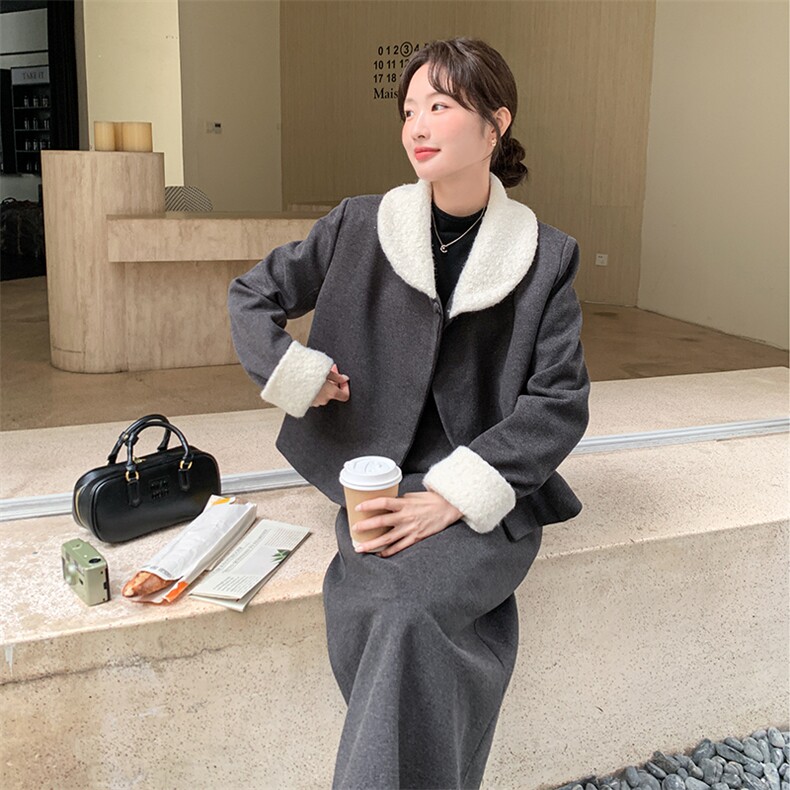 法式风拼接毛领羽绒内胆半裙套装F697-P215-K328,女装套装/套裙,2C255