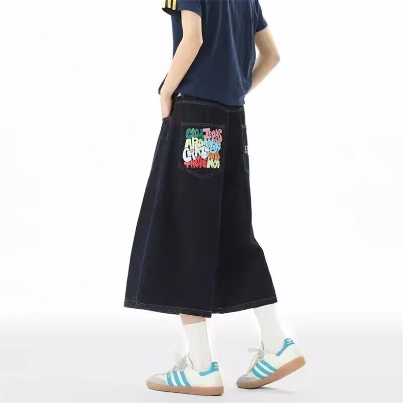 美式复古字母印花牛仔七分裤男夏季高街设计感宽松显瘦阔腿短裤潮,男装牛仔裤,星座715-4