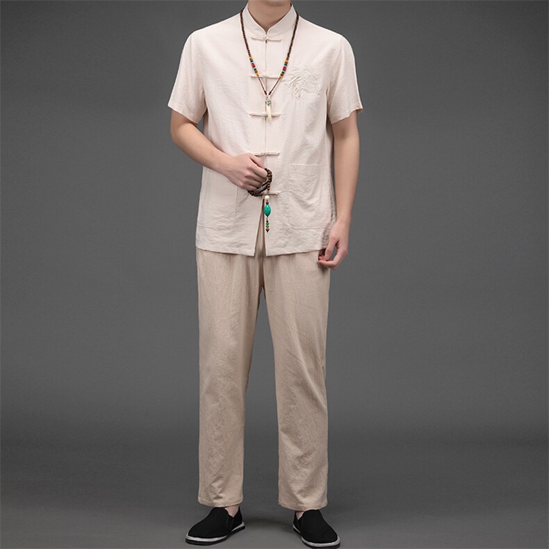 LM2083夏季男式薄款短袖风纽扣休闲套装中老年爸爸装唐装P111,男装休闲套装,电商B360