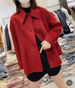 2021秋冬新款韩版淑女气质三粒扣双口袋侧开叉羊毛双面呢外套图片