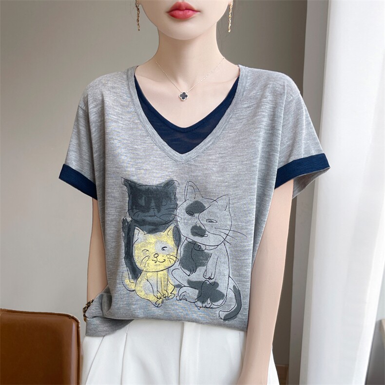 夏季竹节麻双V领假两件猫咪图案短袖女宽松百搭显瘦时尚休闲上衣,女装T恤,暖娇绒包芯纱店