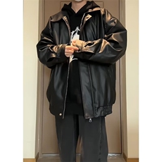 cleanfit黑色PU皮衣外套男美式垫肩三防机车夹克高街棒球服春秋季，男装皮衣，星座1008