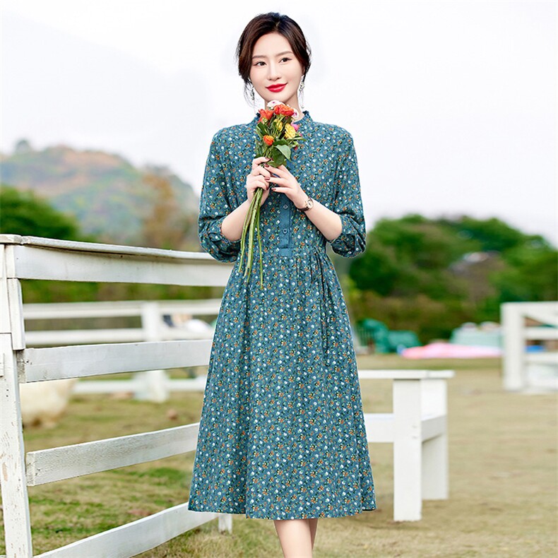 高端纯棉碎花连衣裙女长袖2026春季新款淑女气质收腰显瘦印花长裙,女装连衣裙,倪叶myz