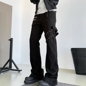 qtstudio黑色绑带微喇牛仔裤男美式高街vibe 显瘦修身设计感裤子图片