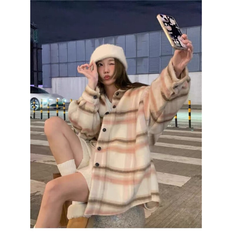 TC1516-P75美拉德格子衬衫外套女秋季卡其色中长款百搭长袖女,女装衬衫,星座617A-2