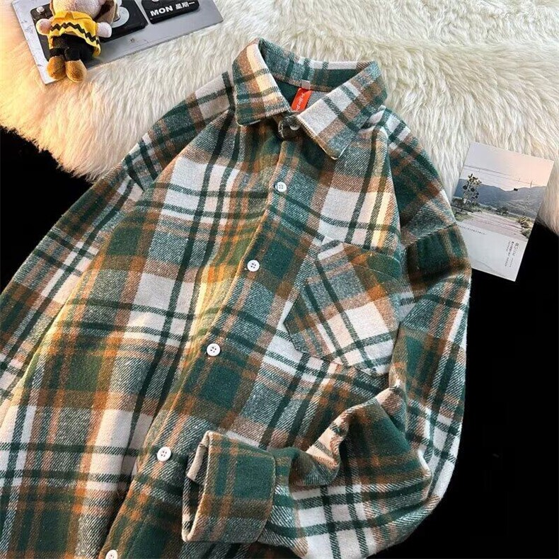 文艺潮流日常春秋季长袖格子衬衫劳伦鲨磨毛青少年衬衣203/P38，男装衬衫，星座506B