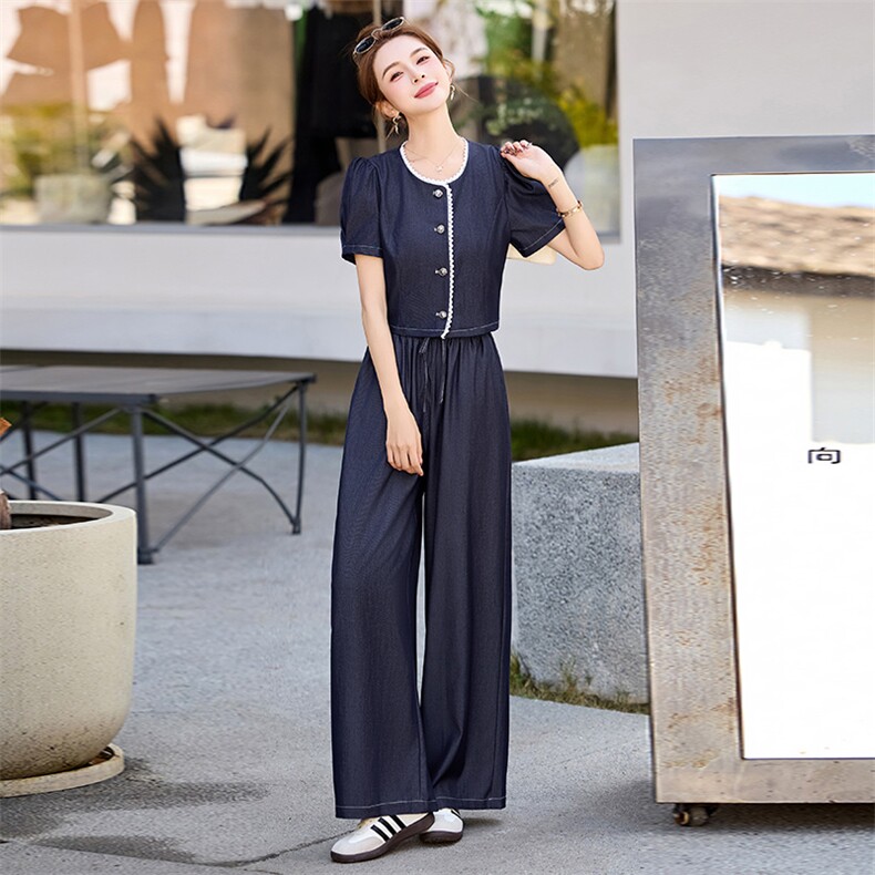 复古减龄天丝牛仔套装女2025夏季新款休闲短袖上衣阔腿长裤两件套,女装套装/套裙,芭米依尚