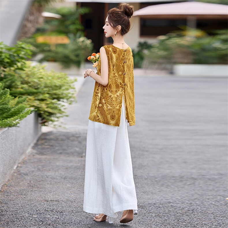 高级感丝绒提花无袖背心衬衫女2025夏新款设计感后背开叉衬衣上衣,女装套装/套裙,美沁