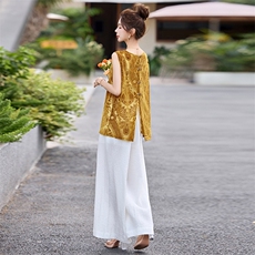 高级感丝绒提花无袖背心衬衫女2025夏新款设计感后背开叉衬衣上衣，女装套装/套裙，美沁