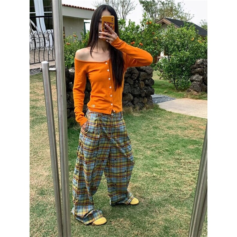 美式复古撞色条纹涂鸦阔腿休闲裤女春夏新款设计感宽松垂感长裤潮,男装休闲裤,四季星座505