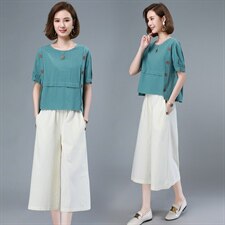 棉麻套装女夏装2021年新款休闲气质九分阔腿裤两件套，女装套装/套裙，依恋蒂丝