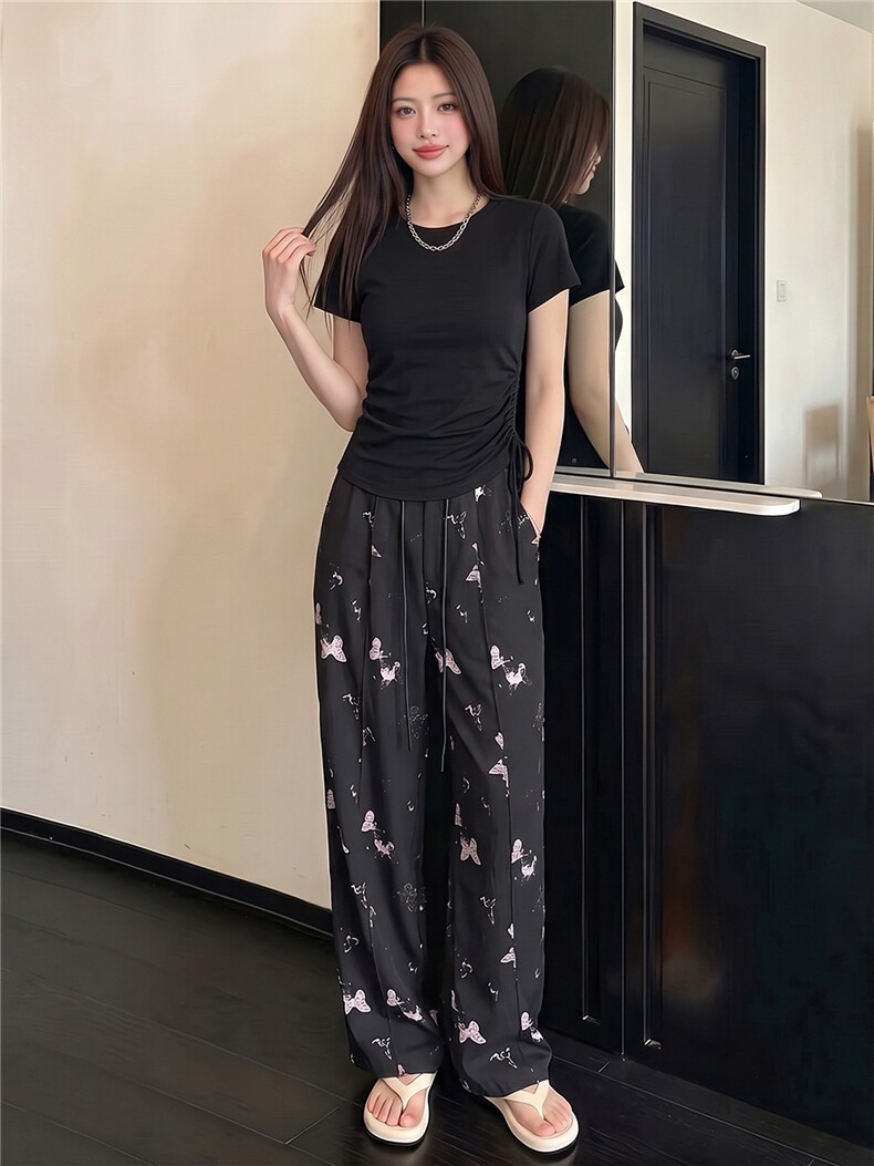 韩版休闲运动套装女夏季新款修身显瘦圆领短袖上衣印花长裤两件套,女装套装/套裙,江南