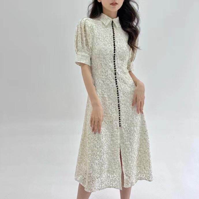 蕾丝泡泡袖连衣裙，女装连衣裙，HE