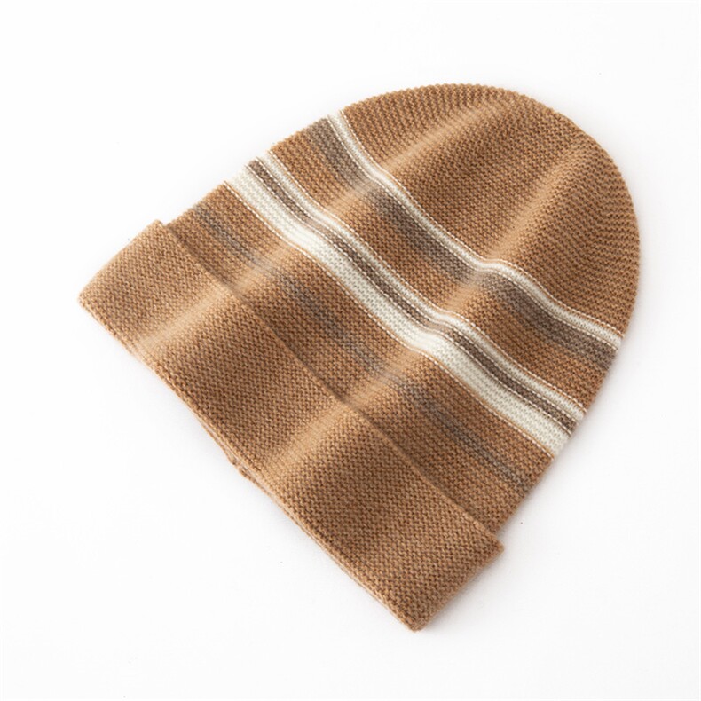 帽子新款冬季时尚保暖套头简约百搭条纹针织帽，帽子，戎咖羊绒