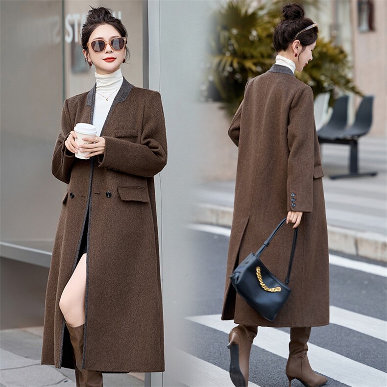 【现货主推款】25年冬装新款宽松舒适版型气质拼色羊绒大衣，女装羊绒大衣，尚娜萱