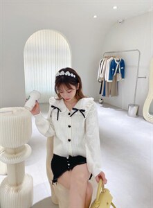 提花领拼接毛衣开衫，女装针织衫/毛衣，ceelphy