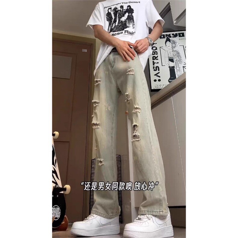 破洞牛仔裤男夏季薄款微喇裤潮牌美式高街漆点直筒裤WL0133-P45,男装牛仔裤,星座1008