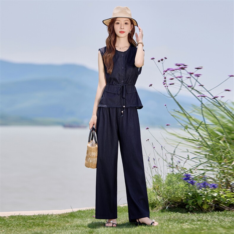 夏季薄款天丝牛仔套装女2025新款时尚巨好看无袖上衣阔腿裤两件套,女装套装/套裙,E百度