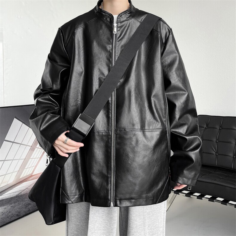 男士立领皮夹克春季休闲外套潮流机车皮衣宽松薄款A266-PY005-P85，男装皮衣，电商A266