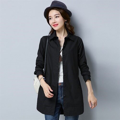 2025秋季韩版时尚潮流休闲百搭纯色开叉中长款纯色衬衫长袖排多扣，女装衬衫，风姿绰