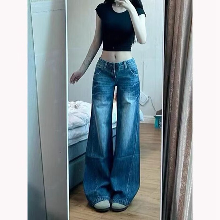 美式复古水洗蓝色牛仔裤男春秋季设计感高街潮牌直筒阔腿微喇裤子,男装牛仔裤,星座218-8