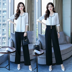 高级美容院工作服女职业气质休闲套装薄款阔腿裤白衬衫上衣黑裤子，女装套装/套裙，海爱依仁