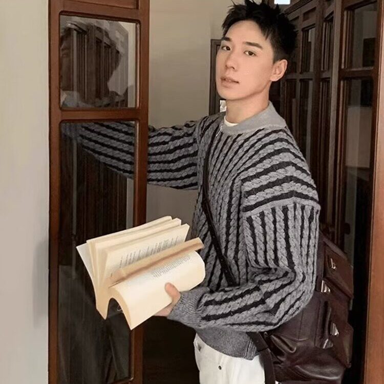 秋冬日系复古条纹撞色开衫毛衣男高街潮牌小众慵懒风休闲针织衫,男装针织衫/毛衣,星座506A