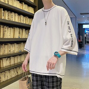 日系港风ins七分袖T恤男加肥加大码胖子衣服250斤大码男装刺绣图片