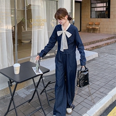 深蓝色法式气质蝴蝶结牛仔套装女2025秋季淡人短外套阔腿裤两件套，女装套装/套裙，2C108