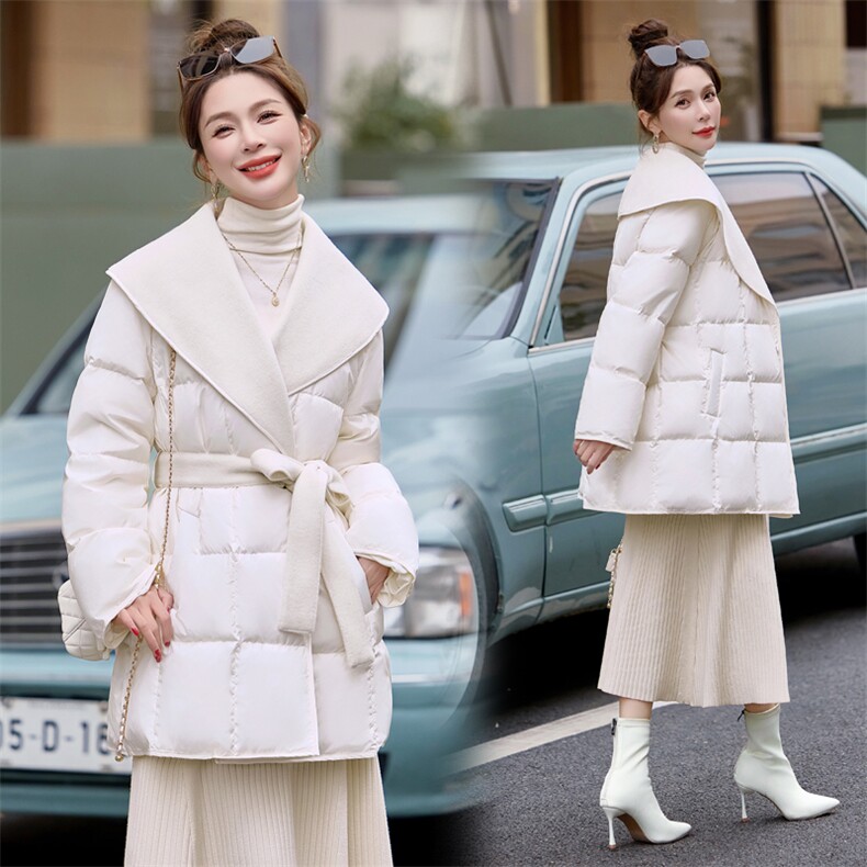 【bao款现货】2024新款冬装V领气质羽绒服拼接双面呢外套90白鸭绒,女装羽绒服,雅静靓衣