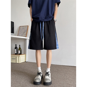 D206-1 8XL-M 复古拼接短裤男宽松格子裤刺绣五分裤高级感 DK1541图片