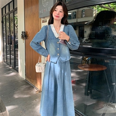 法式蕾丝花边拼接牛仔套装裙女2025春季新款气质温柔风百搭两件套，女装套装/套裙，浙宝305