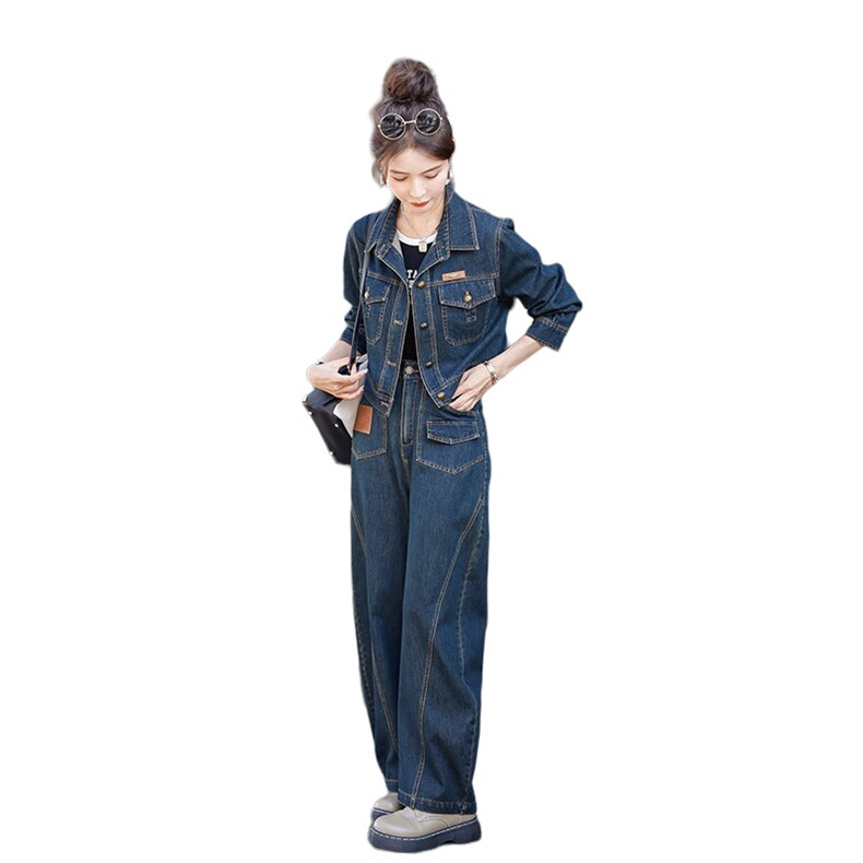 高端牛仔套装女春秋外套2025新款时尚宽松显瘦高腰阔腿长裤两件套,女装套装/套裙,秋水欣儿