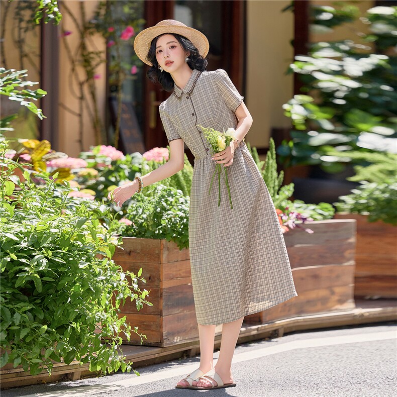 学院风格纹连衣裙女春夏收腰显瘦中长裙格子裙子,女装连衣裙,水衣源