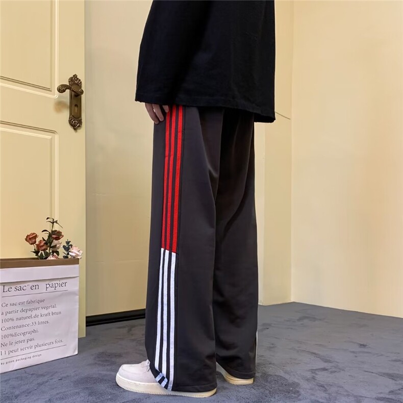 美式休闲裤男秋季新款侧边三条杠宽松显瘦抽绳卫裤高腰拖地长裤子,男装休闲裤,四季星座218-1