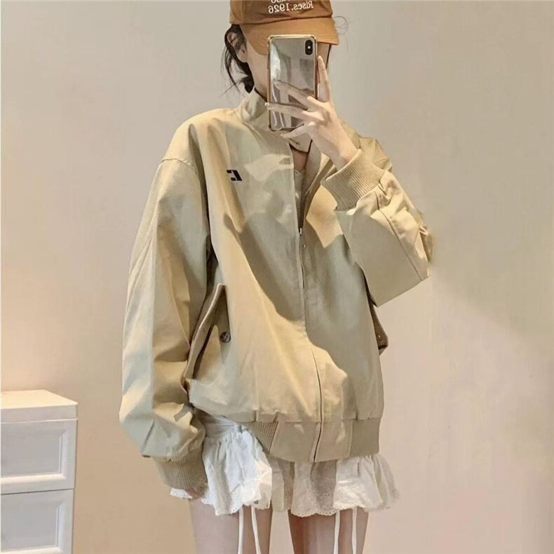 美式复古立领棒球服外套女款春秋2025新款宽松休闲卡其色夹克上衣,男装夹克,星座1210-1