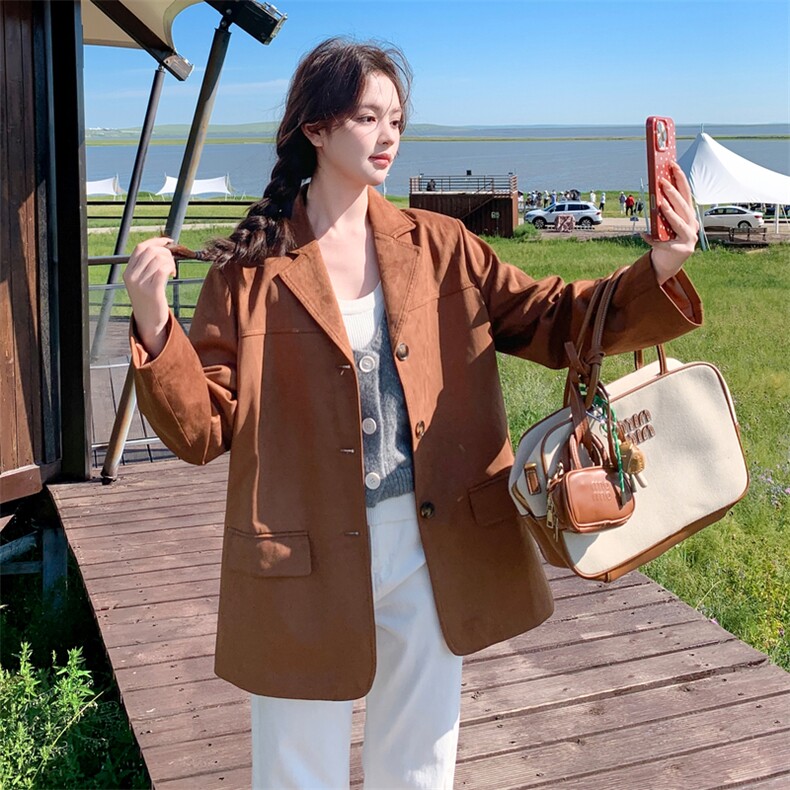 美拉德复古麂皮绒西装外套女2025春秋季新款气质小个子休闲小西服,女装西装,2C087