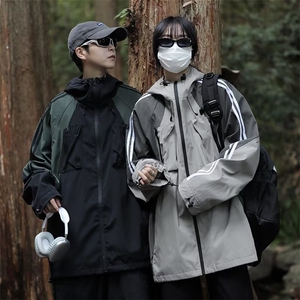 春款男女连帽夹克工装大口袋条纹拼色情侣款冲锋衣外套JK905 P65图片