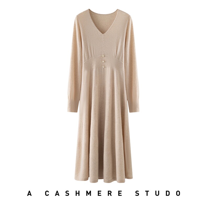 2025舒适百搭简约秋冬新款软糯舒适女士v领收腰长裙，女装连衣裙，星纬羊绒